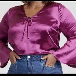 Ava & Viv Satin Blouse V-Neck Tie Front Flared Long Sleeve Pink Women's XXL